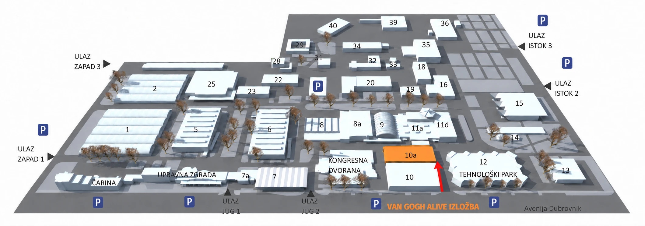 Plan Zagrebačkog velesajma s označenim paviljonom 10A za izložbu Van Gogh Alive, prilazom, ulazima i parkiralištima